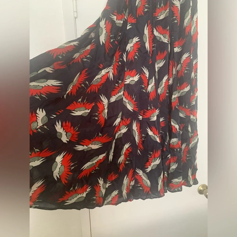 THE GREAT. Godet Navy Birds Paradise Maxi Skirt Red Feather Small - Picture 11 of 15